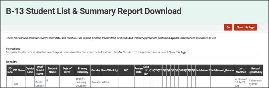 B-13 Student List & Summary Report Download screenshot.