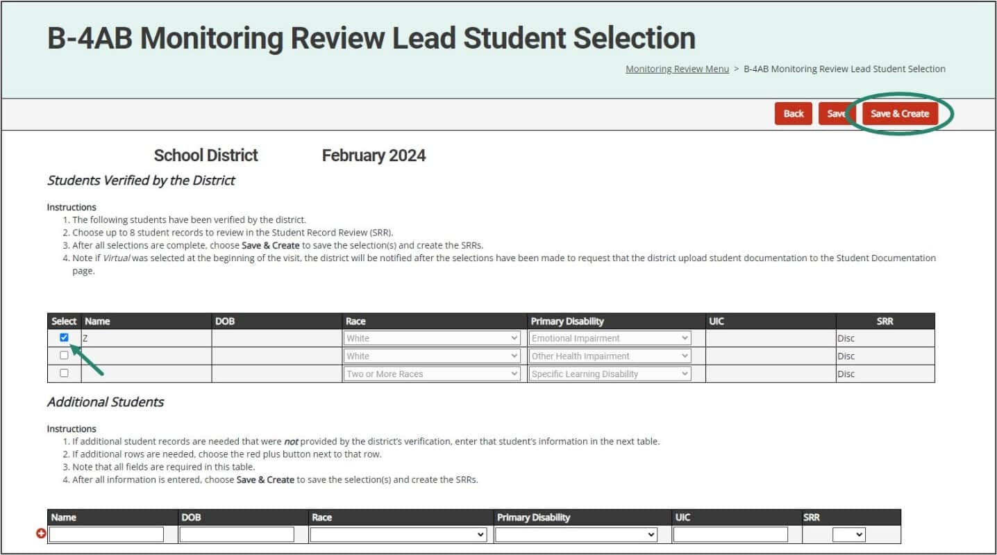 Monitoring Review Lead Student Selection page shown with arrow towards the Select buttons and a circle around the Save & Create button.