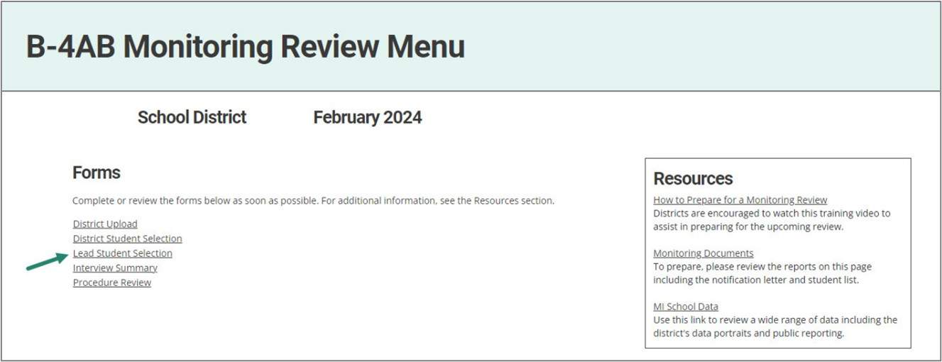 Monitoring Review Menu shown with arrow towards Lead Student Selection link.