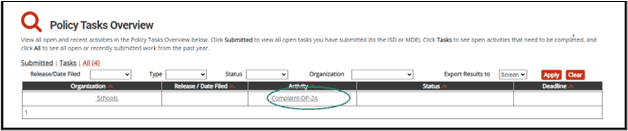 Policy Tasks Overview shown with Complaint activity circled.