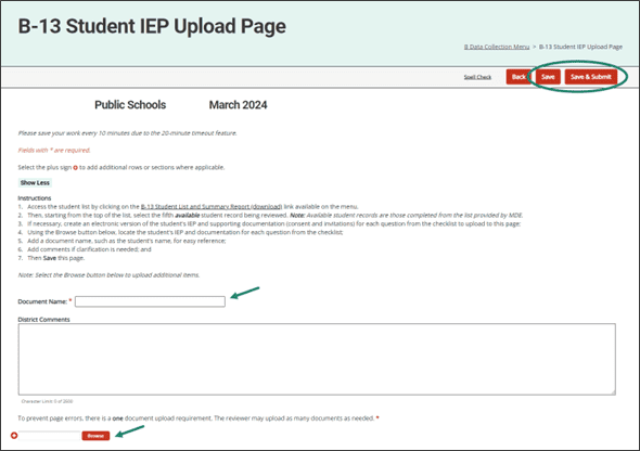 B-13 Student IEP Upload Page with circle around Save and Save & Submit buttons, and arrow towards Document Name box.