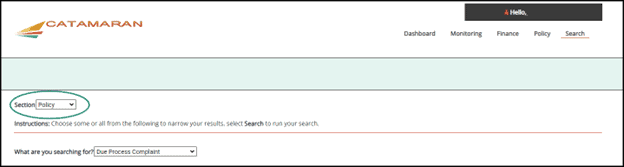 Search function shown with Policy section and Due Process Complaint activity highlighted.