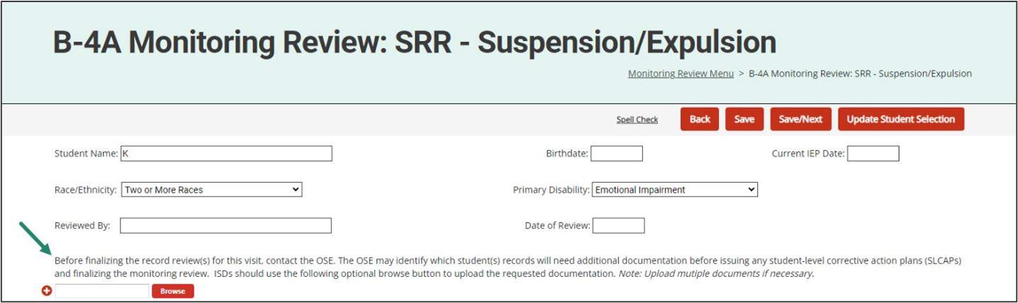 SRR - Suspension/Expulsion page shown with area to upload documentation shown.