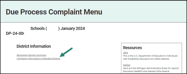 Due Process Complaint Menu shown with Complaint Information to Resident District link highlighted.