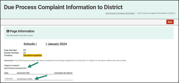 Due Process Complaint Information to District activity shown with links to the original complaint and Introduction Letter.