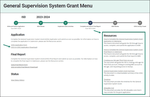 General Supervision System Grant Menu is shown with arrow towards application download link and resources box.