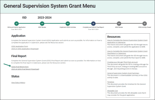 GSSG Menu shown with link towards final report form.