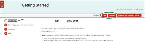 GSSG Final Report Form shown with Save and Save/Next buttons circled.