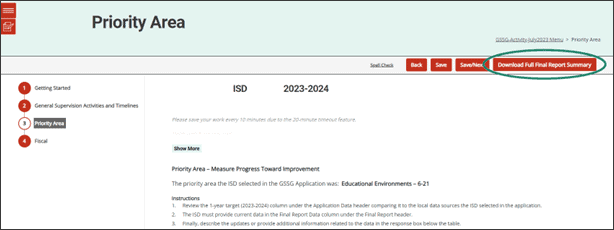 Priority Area form shown with Download Full Final Report Summary button circled.