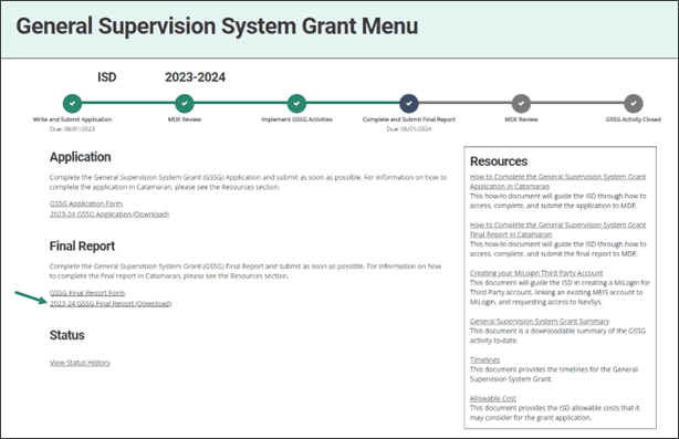 GSSG Menu shown with arrow towards 2023-24 GSSG Final Report (Download) link.