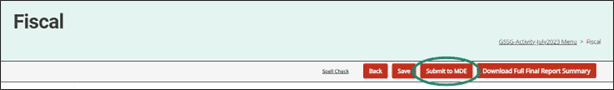 Fiscal menu shown with circle around Submit to MDE button.