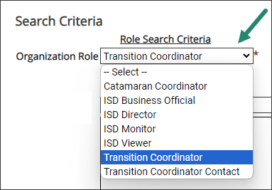 Transition Coordinator role selected on Role Search Assignment tool.