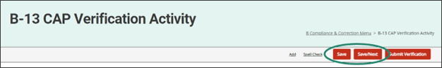 B-13 CAP Verification Activity with circle around Save/Next buttons.