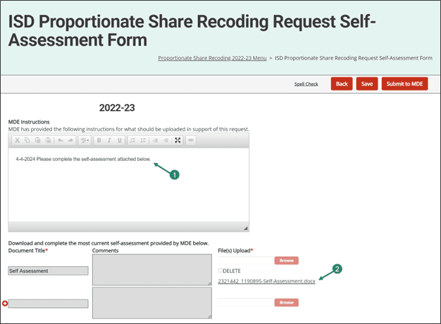 ISD Proportionate Share Recoding Request Self-Assessment Form.