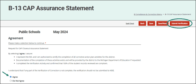 B-13 CAP Assurance Statement with circle around Submit Verification button and arrow towards I Agree radio button.