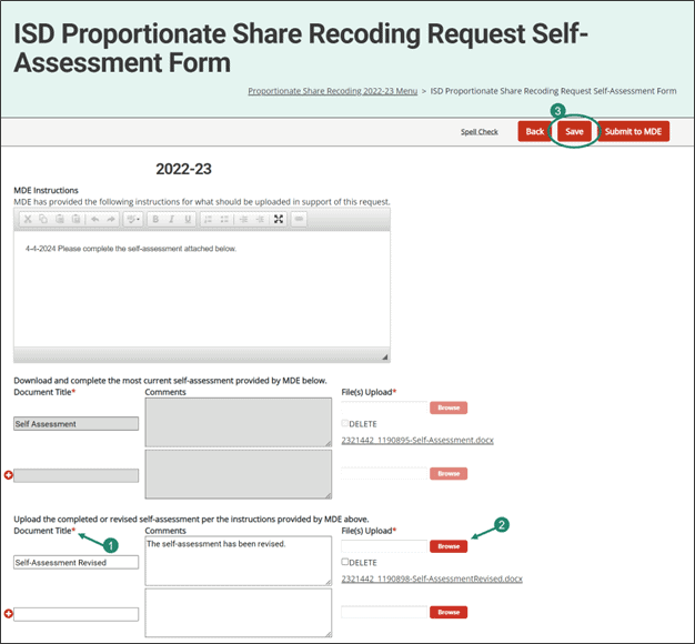 ISD Proportionate Share Recoding Request Self-Assessment form and the steps to complete.