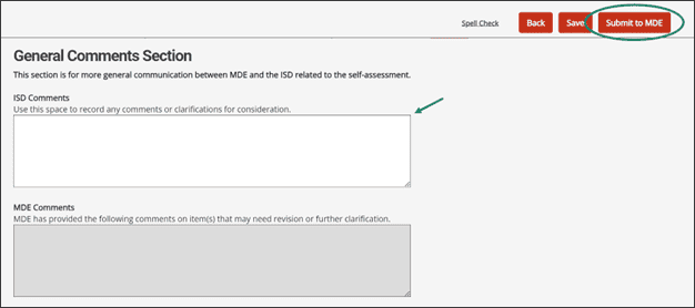 General Sections section with circle around Submit to MDE button.