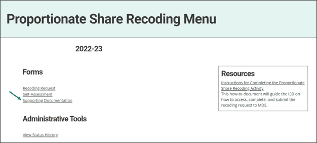 Proportionate Share Recoding Menu with link towards Supporting Documentation link.