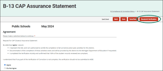 B-13 CAP Assurance Statement page with circle around Resubmit Verification button.