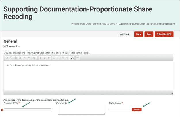 Supporting Documentation page shown with arrows towards Document Title, Comments, and the Browse button.