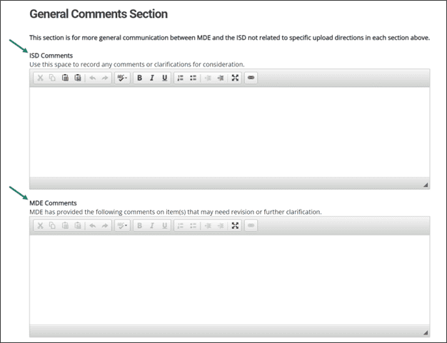 General Comments section shown with arrow towards ISD Comments and MDE Comments.