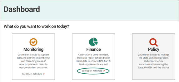 Screenshot of Dashboard in Catamaran, with circle around See Open Activities on the Finance tile.