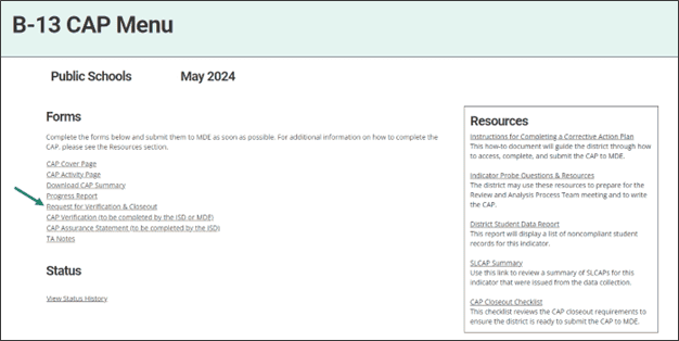 B-13 CAP Menu with arrow towards Request for Verification & Closeout link.