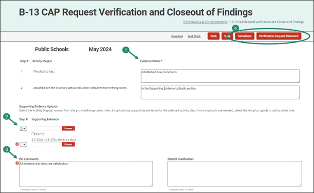 Steps 1-4 on how to complete the B-13 CAP Request Verification and Closeout of Findings.