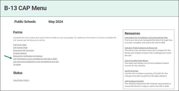 B-13 CAP Menu with arrow towards CAP Verification link.