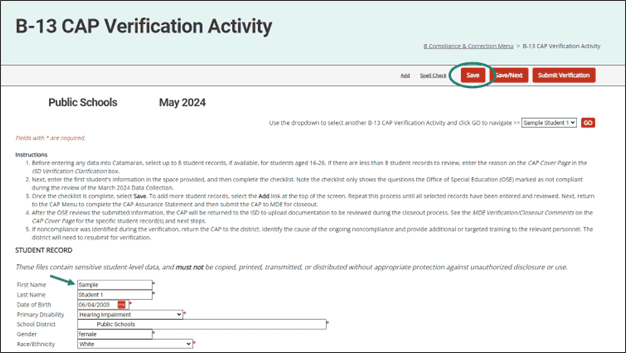 B-13 CAP Verification Activity with circle around Save button.