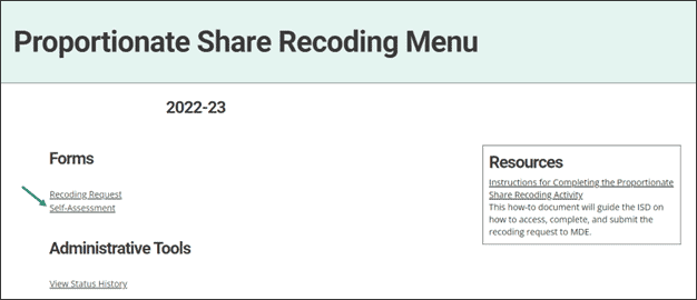 Proportionate Share Recoding Menu with link towards Self-Assessment tool.
