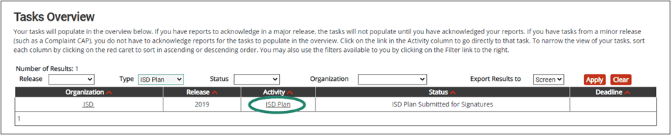 Tasks Overview shown with circle around ISD Plan activity.