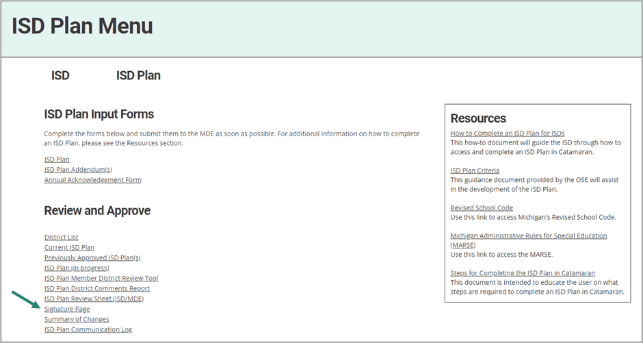 ISD Plan Menu with arrow towards Signature Page.