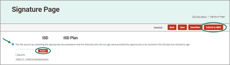 Signature Page shown with arrow towards checked Assurance Statement, circle around Browse button, and circle around Submit to MDE button.