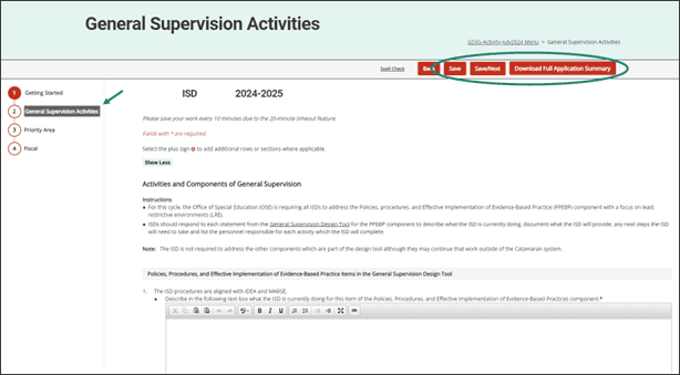 General Supervision Activities page with arrow towards menu on the left and circle around Save, Save/Next, and Download Full Application Summary buttons.