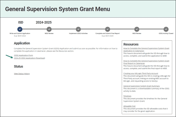 General Supervision System Grant Menu shown with arrow towards 2024-25 GSSG Application (Download) link.