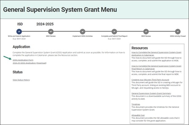 General Supervision System Grant Menu with arrow towards GSSG Application Form link.