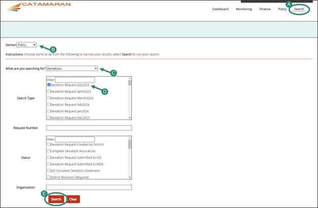 Catamaran Search page and steps on how to find a specific Deviation.