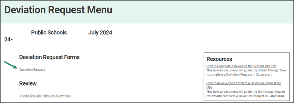 Deviation Request Menu with arrow pointing towards Deviation Request link.