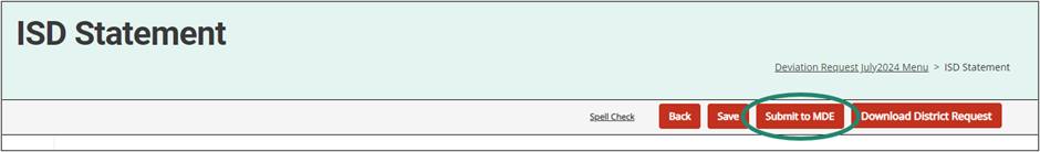 ISD Statement page shown with circle around Submit to MDE button.