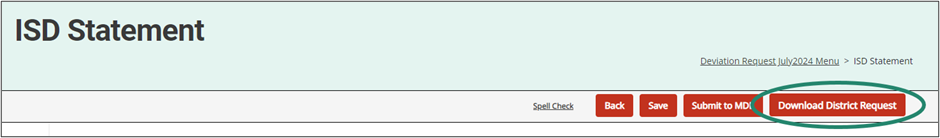 ISD Statement page shown with circle around Download District Request button.