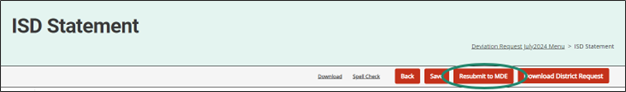 ISD Statement page shown with circle around Resubmit to MDE button.