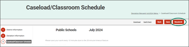 Caseload/Classroom Schedule page shown with circle around Resubmit button.
