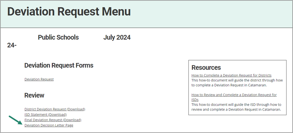 Deviations Request Menu with arrow towards Deviation Decision Letter Page link.