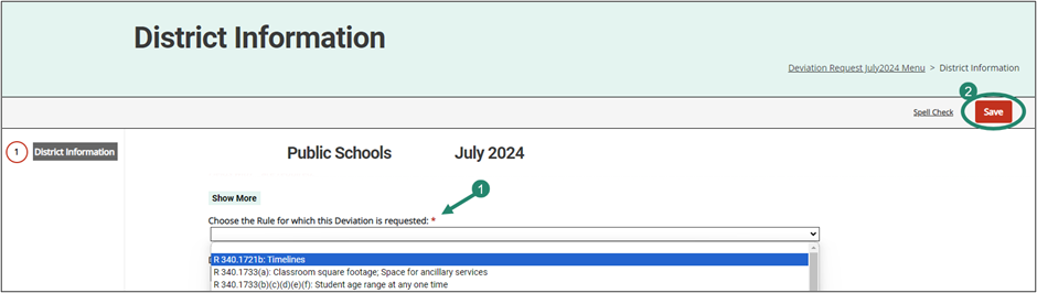 District Information page shown with arrow towards dropdown menu and circle around Save button.