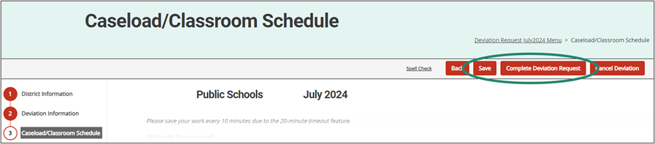 Caseload/Classroom Schedule page with circle around Save and Complete Deviation Request buttons.