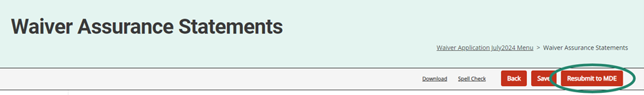 Waiver Assurance Statements form with circle around Resubmit to MDE button.