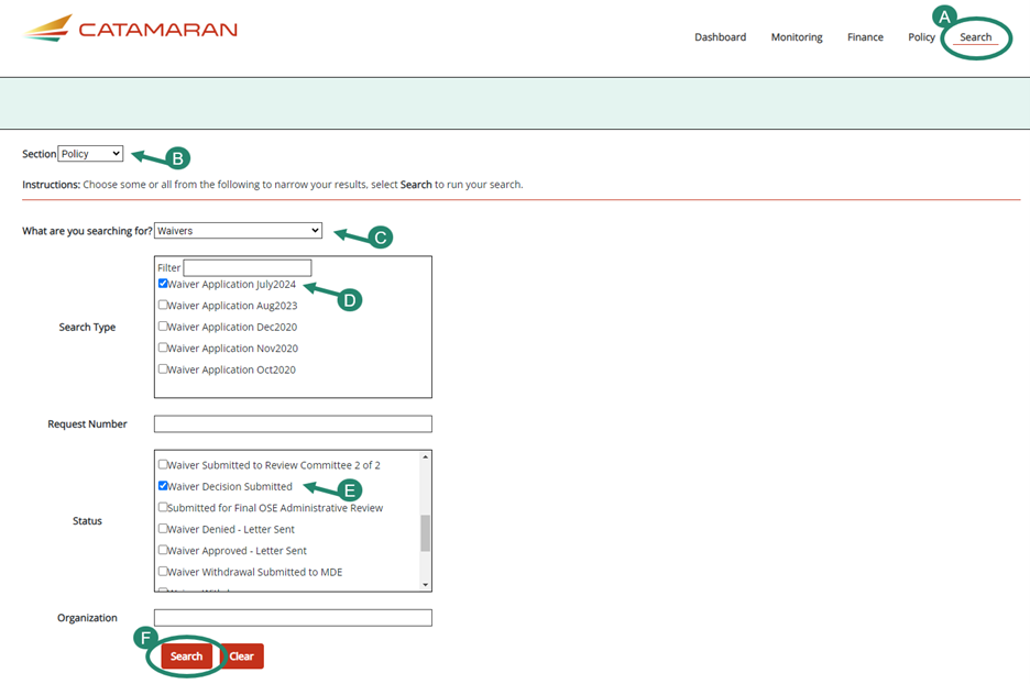 How to use the Search page to find a specific waiver.