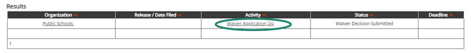 Search results from search function. Waiver Application 24-XXXX is circled.