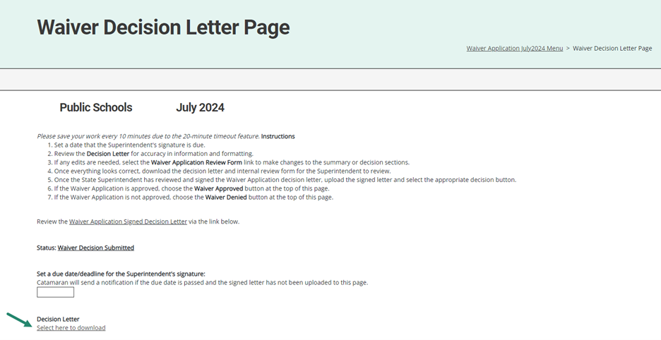 Waivers Decision Letter Page shown with arrow towards download link.